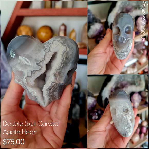 Double Skull Carved Agate Heart