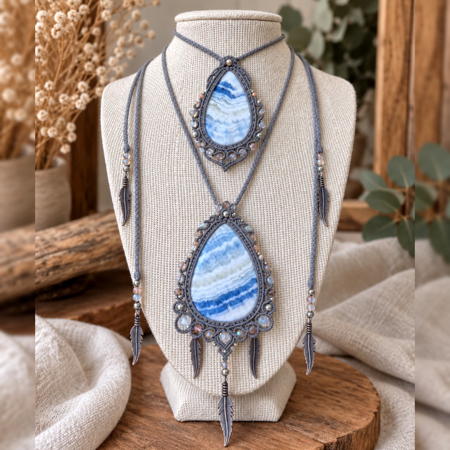 Blue Scheelite Neclaces Wrapped in Silver with Beaded Trims