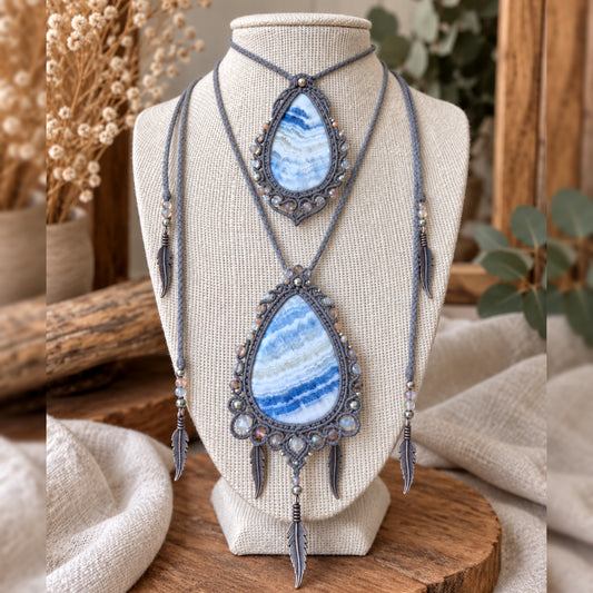 Blue Scheelite Neclaces Wrapped in Silver with Beaded Trims